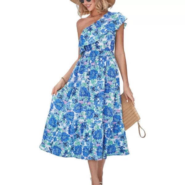 BTFBM Womens One Shoulder Maxi Dress Sleeveless Casual Summer Layered Ruffle Boho Floral Print Party Beach ALine DressesFloral Blue