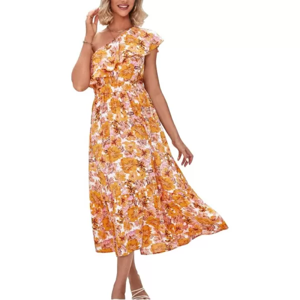 BTFBM Womens One Shoulder Maxi Dress Sleeveless Casual Summer Layered Ruffle Boho Floral Print Party Beach ALine DressesFloral Orange