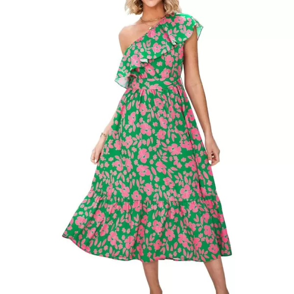BTFBM Womens One Shoulder Maxi Dress Sleeveless Casual Summer Layered Ruffle Boho Floral Print Party Beach ALine DressesFloral Pink Green