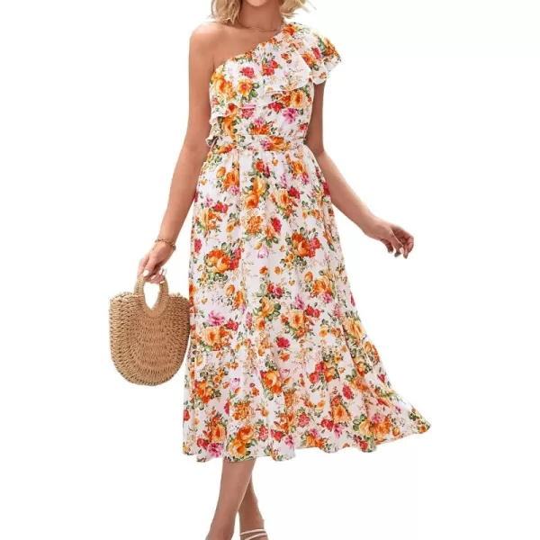 BTFBM Womens One Shoulder Maxi Dress Sleeveless Casual Summer Layered Ruffle Boho Floral Print Party Beach ALine DressesFloral White Orange