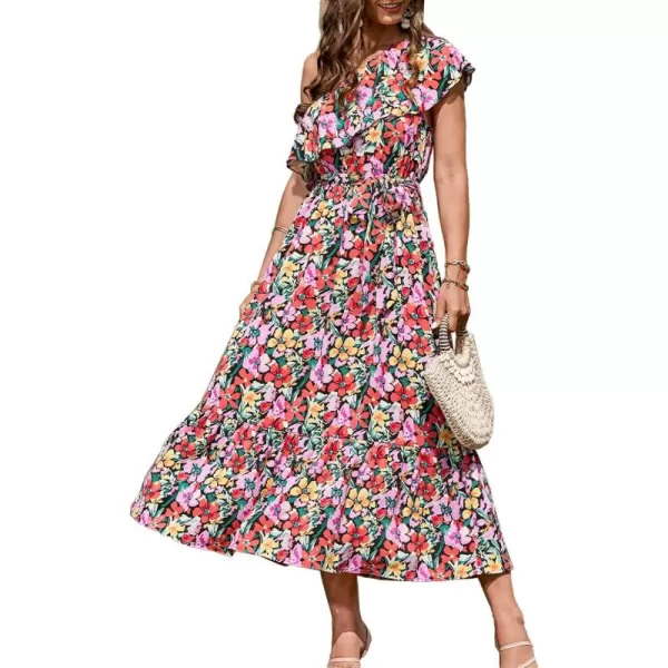 BTFBM Womens One Shoulder Maxi Dress Sleeveless Casual Summer Layered Ruffle Boho Floral Print Party Beach ALine DressesMulticolored Black