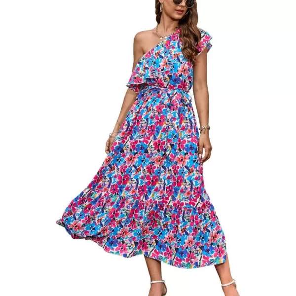 BTFBM Womens One Shoulder Maxi Dress Sleeveless Casual Summer Layered Ruffle Boho Floral Print Party Beach ALine DressesMulticolored Blue