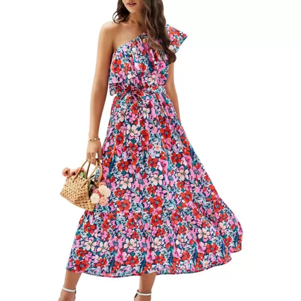 BTFBM Womens One Shoulder Maxi Dress Sleeveless Casual Summer Layered Ruffle Boho Floral Print Party Beach ALine DressesMulticolored Navy