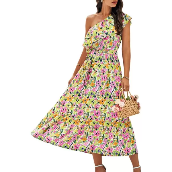 BTFBM Womens One Shoulder Maxi Dress Sleeveless Casual Summer Layered Ruffle Boho Floral Print Party Beach ALine DressesMulticolored Pink