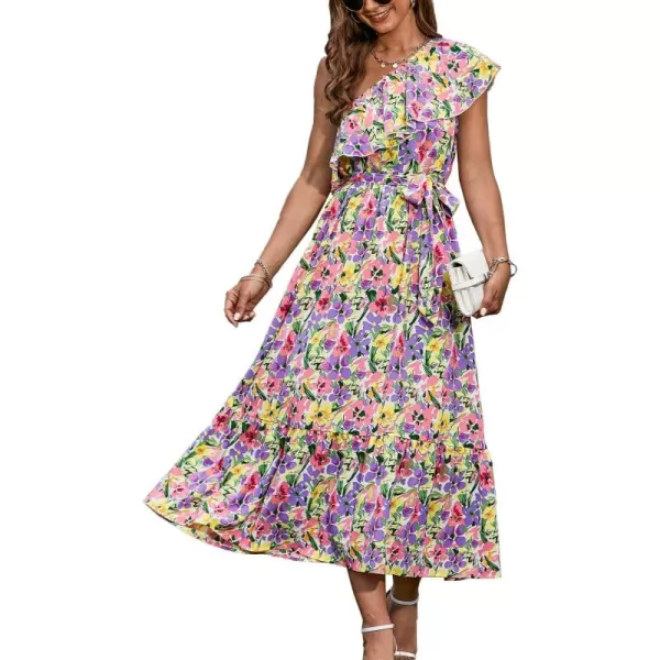 BTFBM Womens One Shoulder Maxi Dress Sleeveless Casual Summer Layered Ruffle Boho Floral Print Party Beach ALine DressesMulticolored Purple