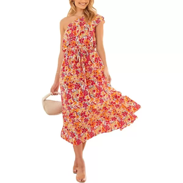 BTFBM Womens One Shoulder Maxi Dress Sleeveless Casual Summer Layered Ruffle Boho Floral Print Party Beach ALine DressesMulticolored Rose Red