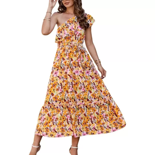 BTFBM Womens One Shoulder Maxi Dress Sleeveless Casual Summer Layered Ruffle Boho Floral Print Party Beach ALine DressesMulticolored Yellow