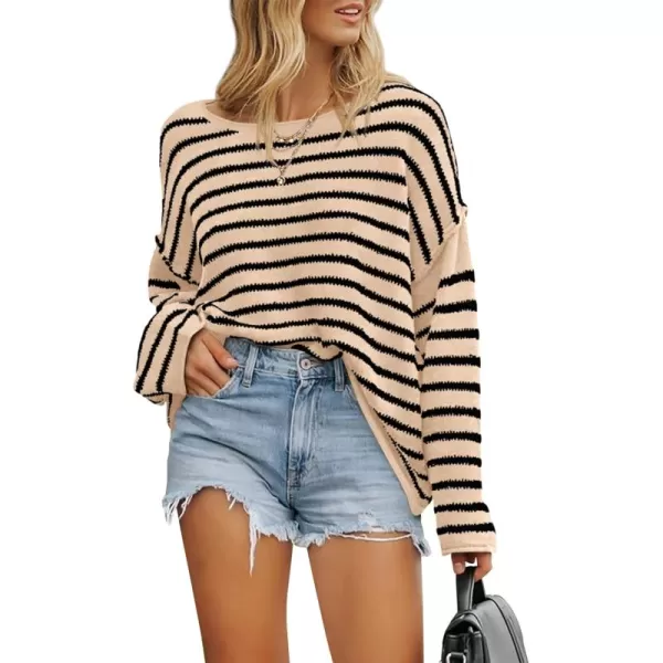 BTFBM Womens Striped Knit Sweaters 2024 Fall Winter Boat Neck Drop Shoulder Long Sleeve Loose Fit Casual Pullover TopsStriped Apricot Black