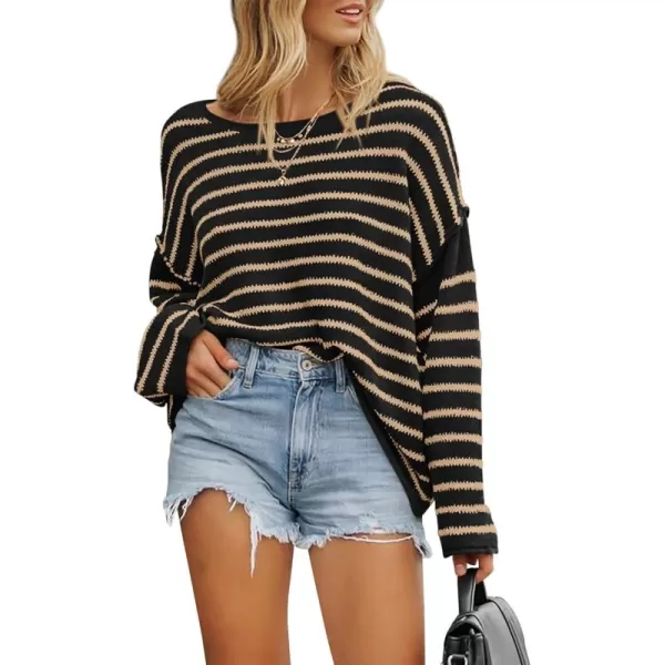 BTFBM Womens Striped Knit Sweaters 2024 Fall Winter Boat Neck Drop Shoulder Long Sleeve Loose Fit Casual Pullover TopsStriped Black Khaki