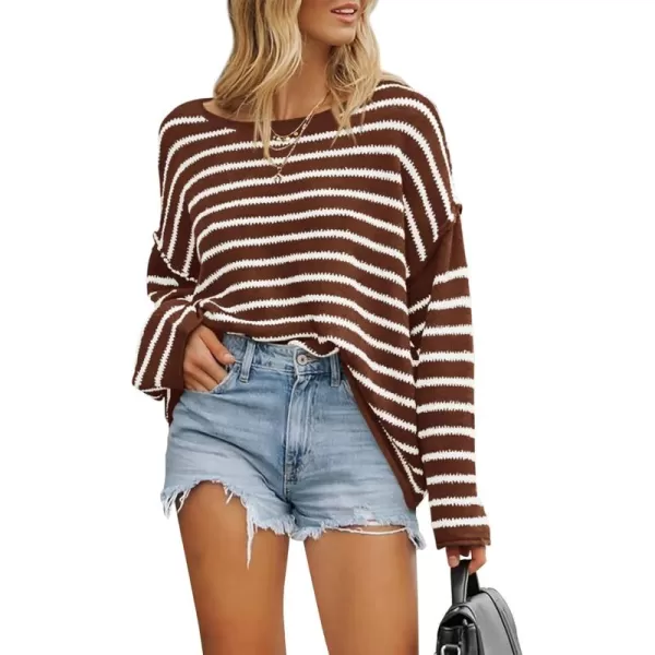 BTFBM Womens Striped Knit Sweaters 2024 Fall Winter Boat Neck Drop Shoulder Long Sleeve Loose Fit Casual Pullover TopsStriped Coffee White