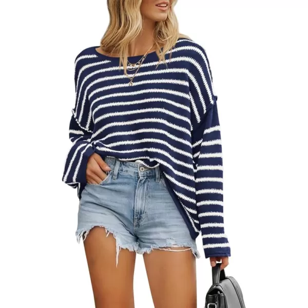 BTFBM Womens Striped Knit Sweaters 2024 Fall Winter Boat Neck Drop Shoulder Long Sleeve Loose Fit Casual Pullover TopsStriped Navy White