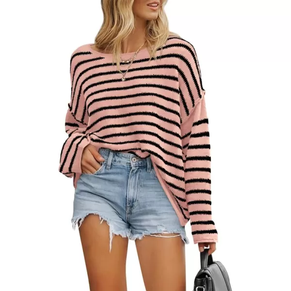 BTFBM Womens Striped Knit Sweaters 2024 Fall Winter Boat Neck Drop Shoulder Long Sleeve Loose Fit Casual Pullover TopsStriped Pink Black