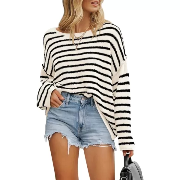 BTFBM Womens Striped Knit Sweaters 2024 Fall Winter Boat Neck Drop Shoulder Long Sleeve Loose Fit Casual Pullover TopsStriped White Black
