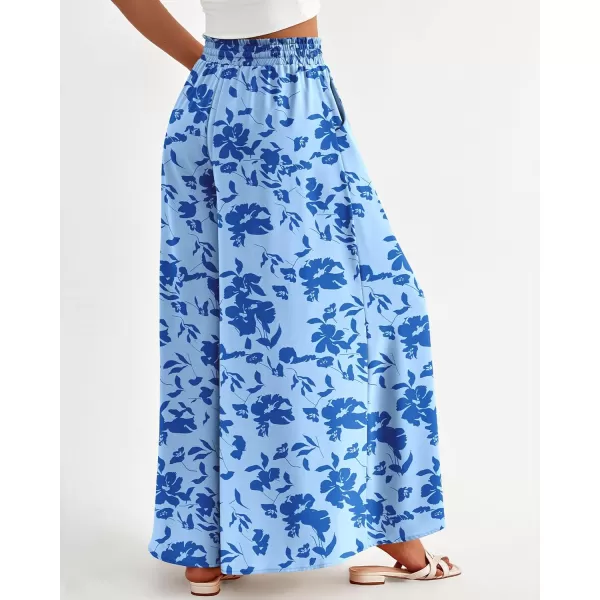 BTFBM Women Casual High Waist Wide Leg Pants Summer Floral Solid Long Palazzo Pants Lounge Beach Trousers with PocketPrint Blue