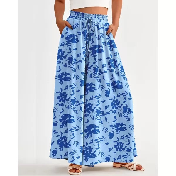 BTFBM Women Casual High Waist Wide Leg Pants Summer Floral Solid Long Palazzo Pants Lounge Beach Trousers with PocketPrint Blue