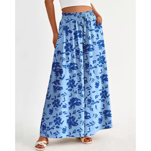 BTFBM Women Casual High Waist Wide Leg Pants Summer Floral Solid Long Palazzo Pants Lounge Beach Trousers with PocketPrint Blue