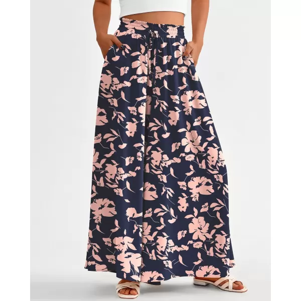 BTFBM Women Casual High Waist Wide Leg Pants Summer Floral Solid Long Palazzo Pants Lounge Beach Trousers with PocketPrint Navy Pink