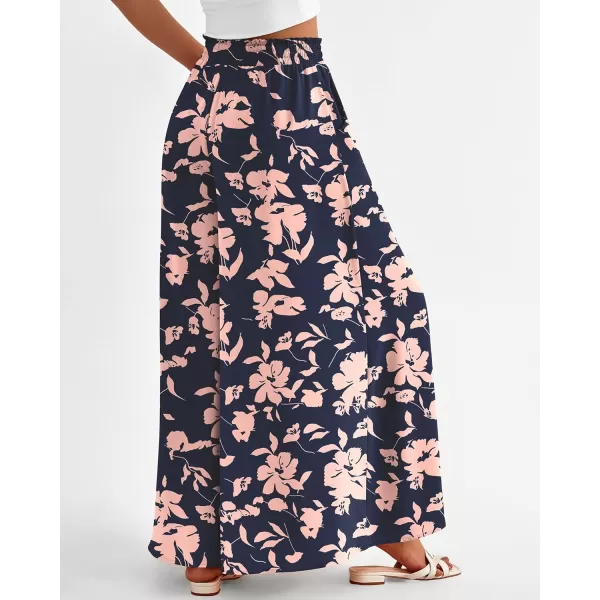 BTFBM Women Casual High Waist Wide Leg Pants Summer Floral Solid Long Palazzo Pants Lounge Beach Trousers with PocketPrint Navy Pink