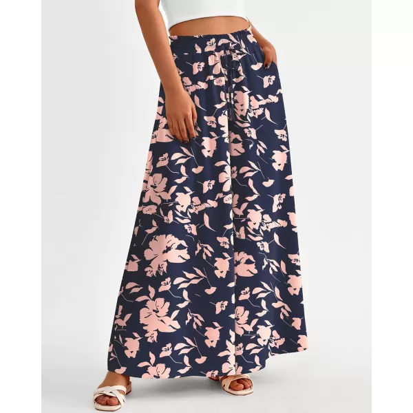 BTFBM Women Casual High Waist Wide Leg Pants Summer Floral Solid Long Palazzo Pants Lounge Beach Trousers with PocketPrint Navy Pink