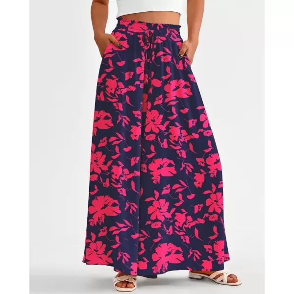 BTFBM Women Casual High Waist Wide Leg Pants Summer Floral Solid Long Palazzo Pants Lounge Beach Trousers with PocketPrint Navy Rose Red