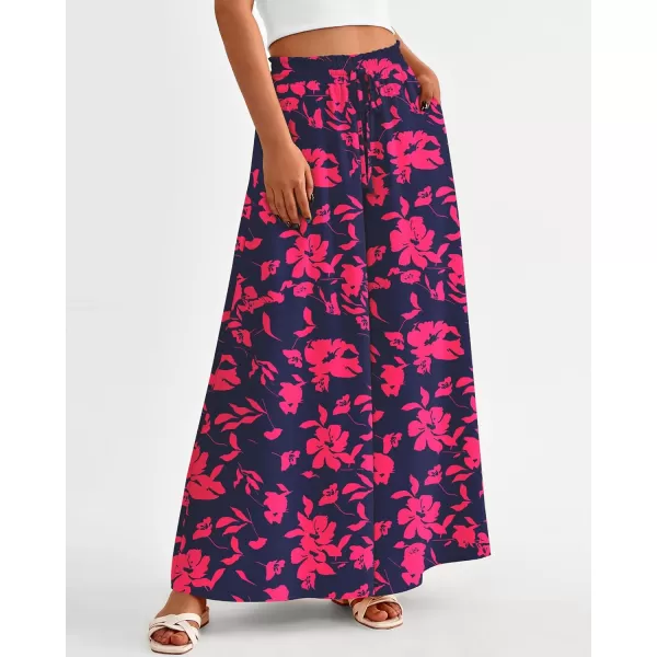 BTFBM Women Casual High Waist Wide Leg Pants Summer Floral Solid Long Palazzo Pants Lounge Beach Trousers with PocketPrint Navy Rose Red