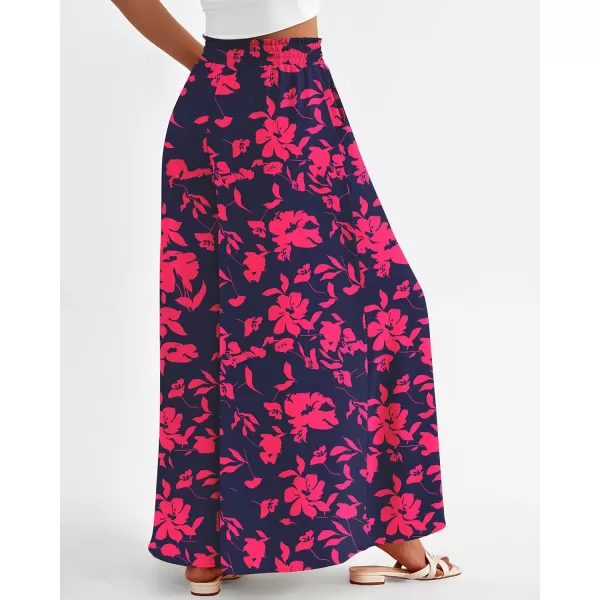 BTFBM Women Casual High Waist Wide Leg Pants Summer Floral Solid Long Palazzo Pants Lounge Beach Trousers with PocketPrint Navy Rose Red