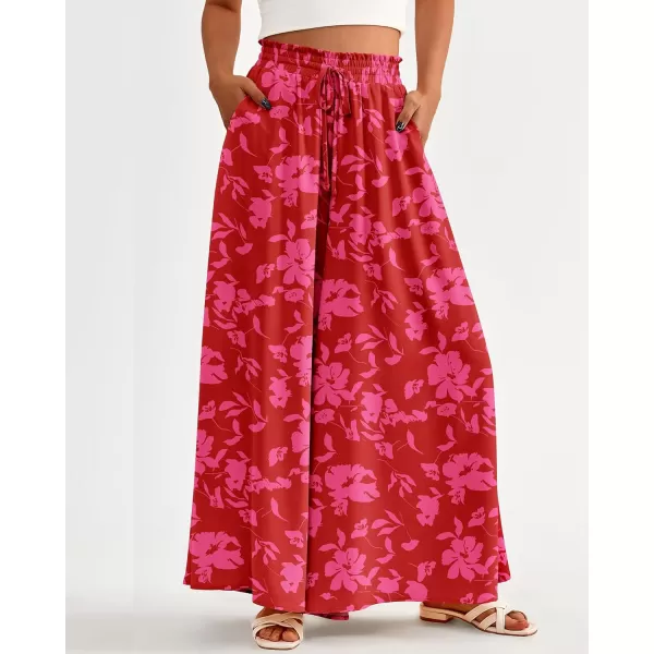 BTFBM Women Casual High Waist Wide Leg Pants Summer Floral Solid Long Palazzo Pants Lounge Beach Trousers with PocketPrint Red