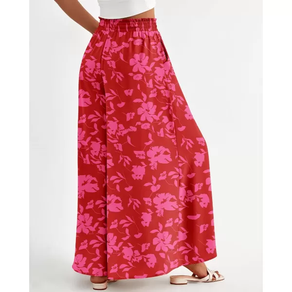 BTFBM Women Casual High Waist Wide Leg Pants Summer Floral Solid Long Palazzo Pants Lounge Beach Trousers with PocketPrint Red