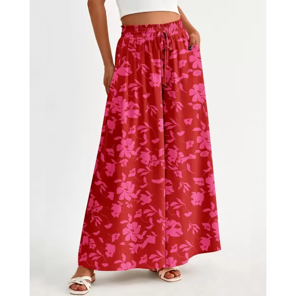 BTFBM Women Casual High Waist Wide Leg Pants Summer Floral Solid Long Palazzo Pants Lounge Beach Trousers with PocketPrint Red