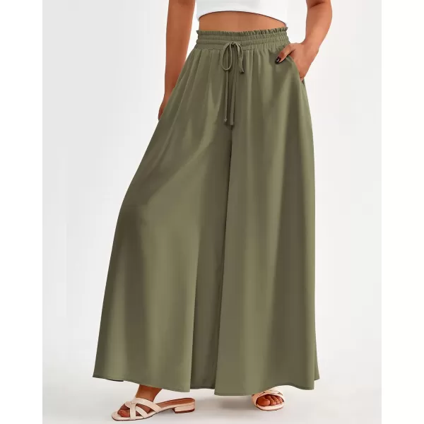 BTFBM Women Casual High Waist Wide Leg Pants Summer Floral Solid Long Palazzo Pants Lounge Beach Trousers with PocketSolid Army Green