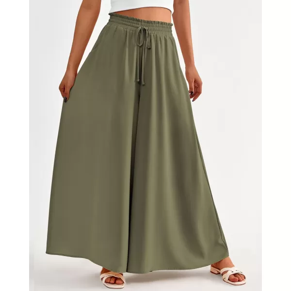 BTFBM Women Casual High Waist Wide Leg Pants Summer Floral Solid Long Palazzo Pants Lounge Beach Trousers with PocketSolid Army Green