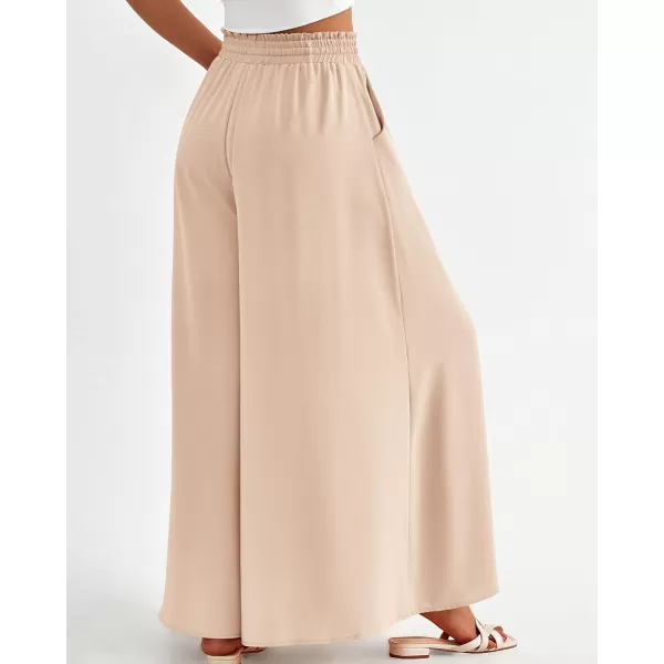 BTFBM Women Casual High Waist Wide Leg Pants Summer Floral Solid Long Palazzo Pants Lounge Beach Trousers with PocketSolid Beige