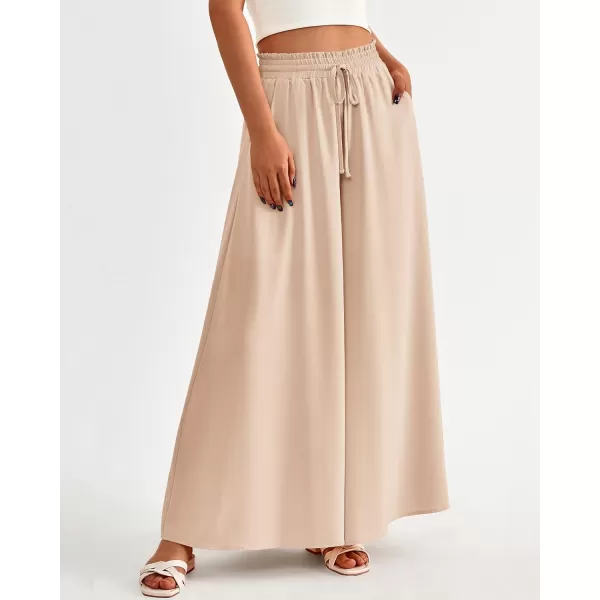 BTFBM Women Casual High Waist Wide Leg Pants Summer Floral Solid Long Palazzo Pants Lounge Beach Trousers with PocketSolid Beige