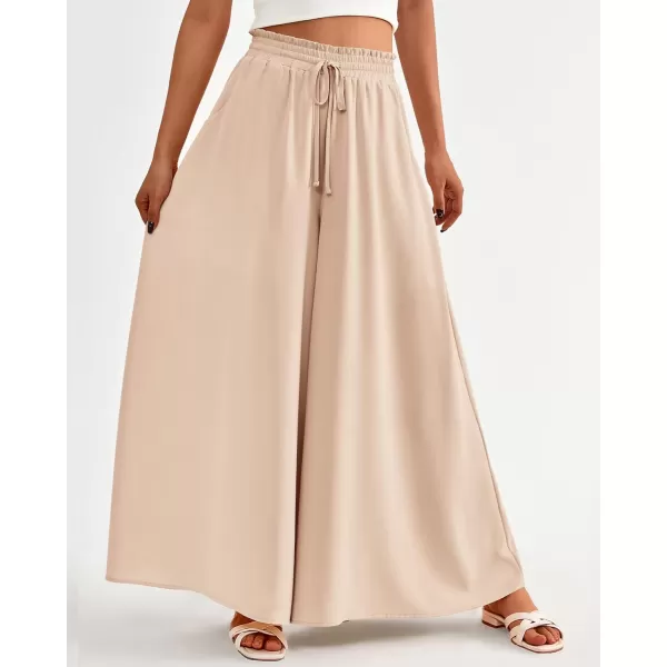 BTFBM Women Casual High Waist Wide Leg Pants Summer Floral Solid Long Palazzo Pants Lounge Beach Trousers with PocketSolid Beige
