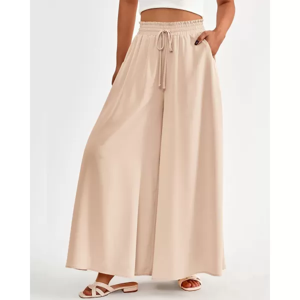 BTFBM Women Casual High Waist Wide Leg Pants Summer Floral Solid Long Palazzo Pants Lounge Beach Trousers with PocketSolid Beige