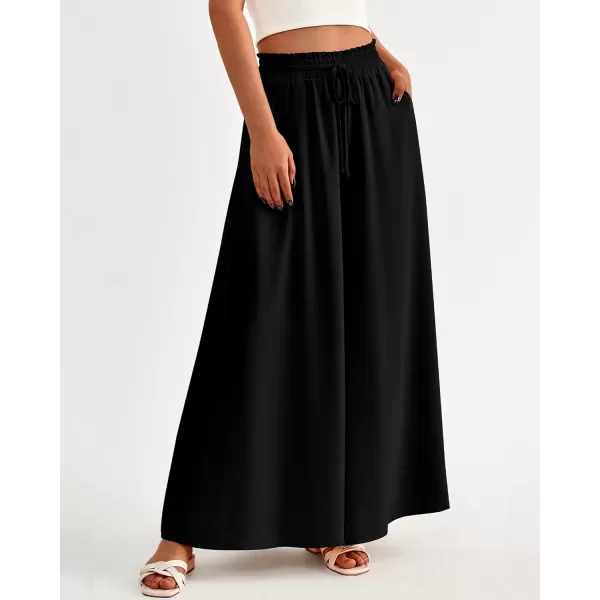 BTFBM Women Casual High Waist Wide Leg Pants Summer Floral Solid Long Palazzo Pants Lounge Beach Trousers with PocketSolid Black