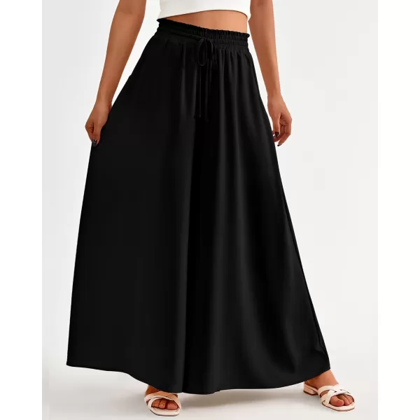 BTFBM Women Casual High Waist Wide Leg Pants Summer Floral Solid Long Palazzo Pants Lounge Beach Trousers with PocketSolid Black