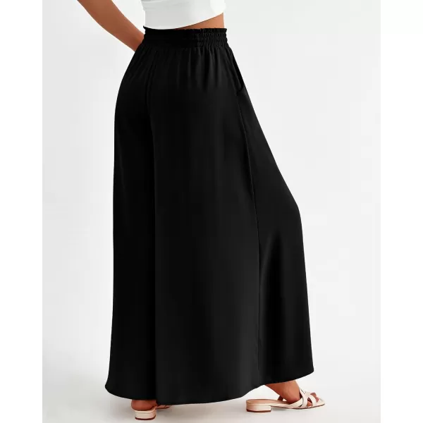 BTFBM Women Casual High Waist Wide Leg Pants Summer Floral Solid Long Palazzo Pants Lounge Beach Trousers with PocketSolid Black