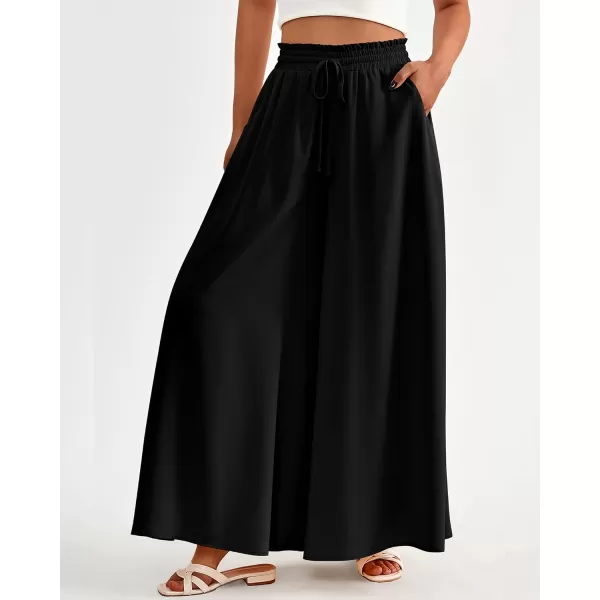 BTFBM Women Casual High Waist Wide Leg Pants Summer Floral Solid Long Palazzo Pants Lounge Beach Trousers with PocketSolid Black