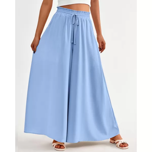 BTFBM Women Casual High Waist Wide Leg Pants Summer Floral Solid Long Palazzo Pants Lounge Beach Trousers with PocketSolid Blue