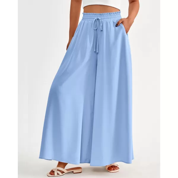 BTFBM Women Casual High Waist Wide Leg Pants Summer Floral Solid Long Palazzo Pants Lounge Beach Trousers with PocketSolid Blue
