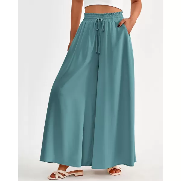 BTFBM Women Casual High Waist Wide Leg Pants Summer Floral Solid Long Palazzo Pants Lounge Beach Trousers with PocketSolid Blue Green