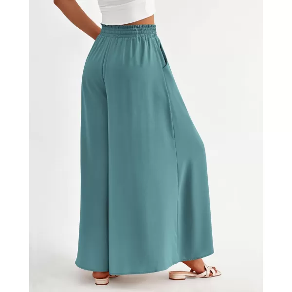 BTFBM Women Casual High Waist Wide Leg Pants Summer Floral Solid Long Palazzo Pants Lounge Beach Trousers with PocketSolid Blue Green