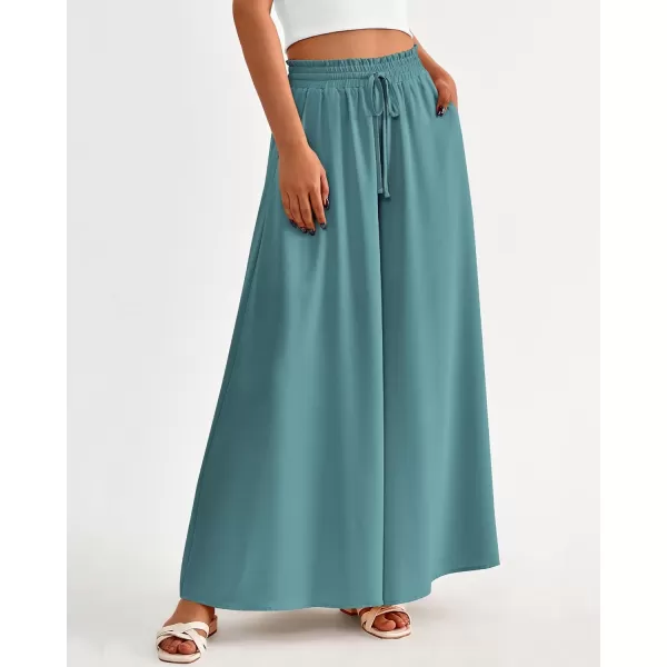 BTFBM Women Casual High Waist Wide Leg Pants Summer Floral Solid Long Palazzo Pants Lounge Beach Trousers with PocketSolid Blue Green