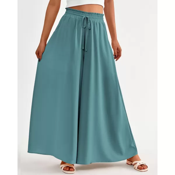 BTFBM Women Casual High Waist Wide Leg Pants Summer Floral Solid Long Palazzo Pants Lounge Beach Trousers with PocketSolid Blue Green