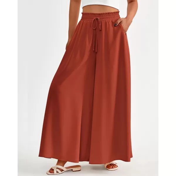 BTFBM Women Casual High Waist Wide Leg Pants Summer Floral Solid Long Palazzo Pants Lounge Beach Trousers with PocketSolid Brick Red