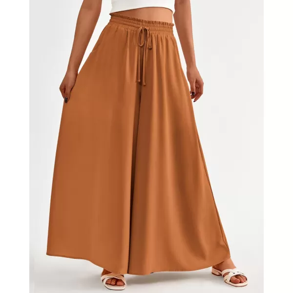 BTFBM Women Casual High Waist Wide Leg Pants Summer Floral Solid Long Palazzo Pants Lounge Beach Trousers with PocketSolid Brown