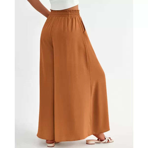 BTFBM Women Casual High Waist Wide Leg Pants Summer Floral Solid Long Palazzo Pants Lounge Beach Trousers with PocketSolid Brown