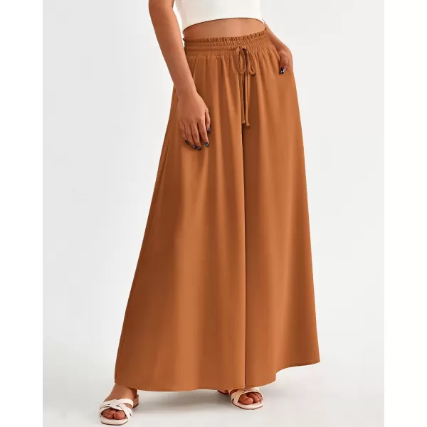 BTFBM Women Casual High Waist Wide Leg Pants Summer Floral Solid Long Palazzo Pants Lounge Beach Trousers with PocketSolid Brown
