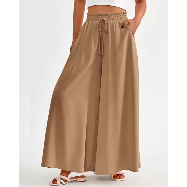 BTFBM Women Casual High Waist Wide Leg Pants Summer Floral Solid Long Palazzo Pants Lounge Beach Trousers with PocketSolid Khaki